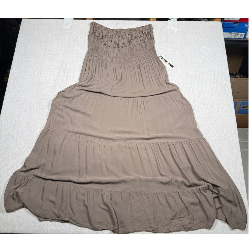 Sara Moda Italy Womens Strapless Smocked Tiered Maxi Dress Taupe Brown Floral
